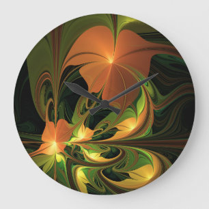 Fantasy Plant Abstrakt Grönt Rust Brown Fractal Stor Klocka