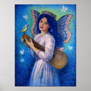 Fantasy Poster, Music Bird Fairy, Blue Hair Dam Poster