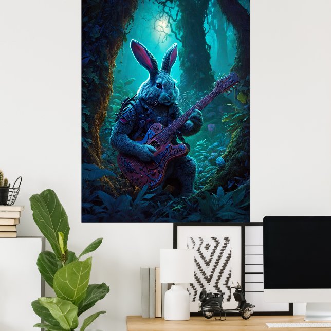 Fantasy Rabbit Spelar Guitar Poster (Hemmakontoret)