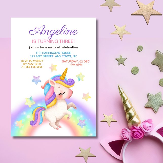 Fantasy Rainbow Stars Unicorn Girl Birthday  Inbjudningar (Skapare uppladdad)