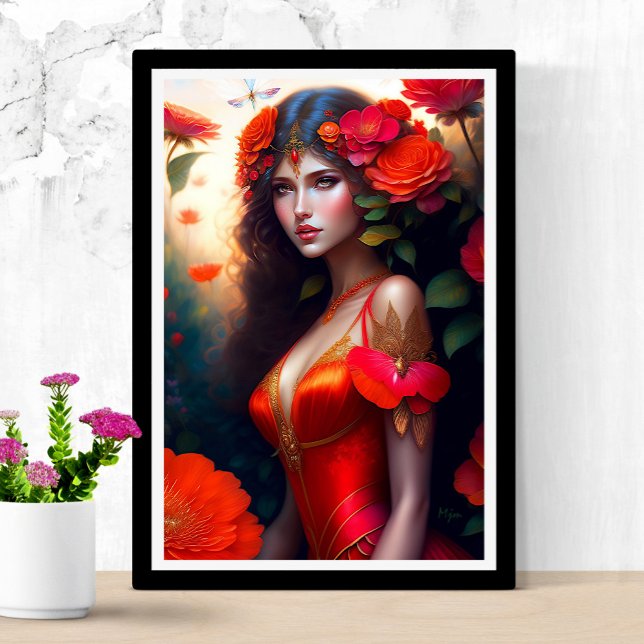 Fantasy Red Fairy Red Flowers Poster (Skapare uppladdad)