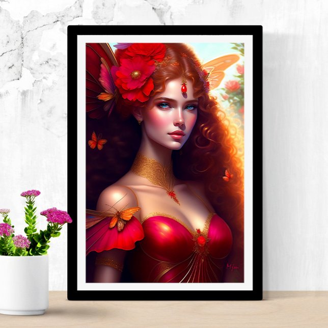 Fantasy Red Fairy Red Flowers Poster (Skapare uppladdad)