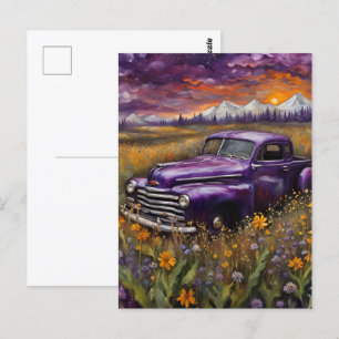 Fantasy Retro Lila Vechicle in a Mountain Meadow Vykort