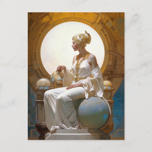 Fantasy Retrofuturistic Art Seated Woman Queen Vykort (Framsida)