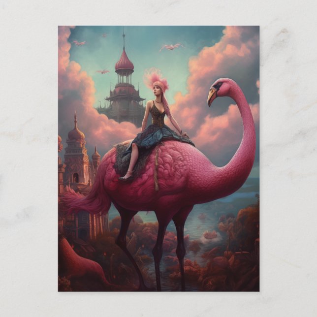 Fantasy Ride on a Giant Rosa Flamingo Vykort (Framsida)
