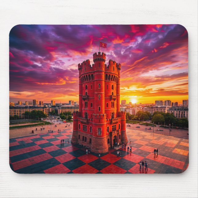 Fantasy röd schack slott byggnad på schackbräde  musmatta (Framsidan)