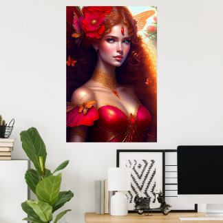Fantasy Röda Feer Röda Blommor Poster