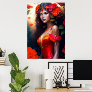 Fantasy Röda Feer Röda Blommor Poster