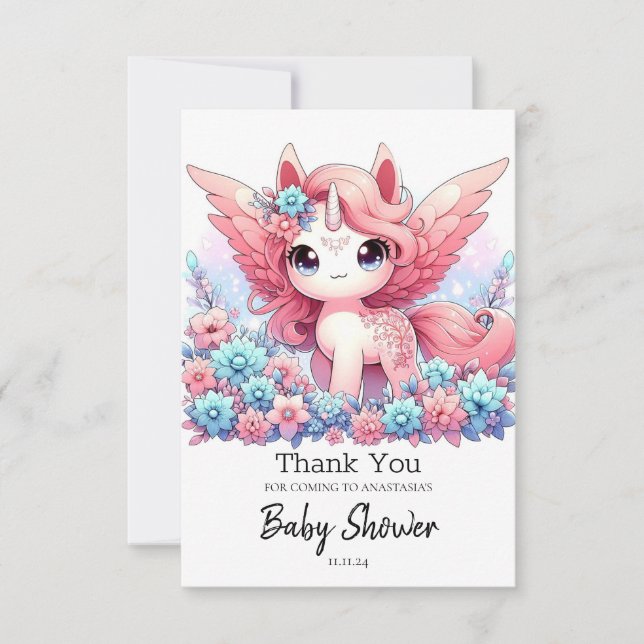 Fantasy Roligt Unicorn Baby Shower Tack Kort (Framsida)