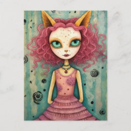 Fantasy Rosa Cat Alien Woman Mixed Media Vykort
