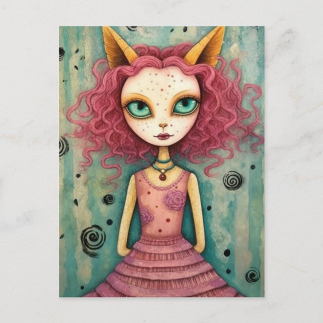 Fantasy Rosa Cat Alien Woman Mixed Media Vykort (Framsida)