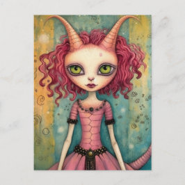 Fantasy Rosa Cat Alien Woman Mixed Media Vykort
