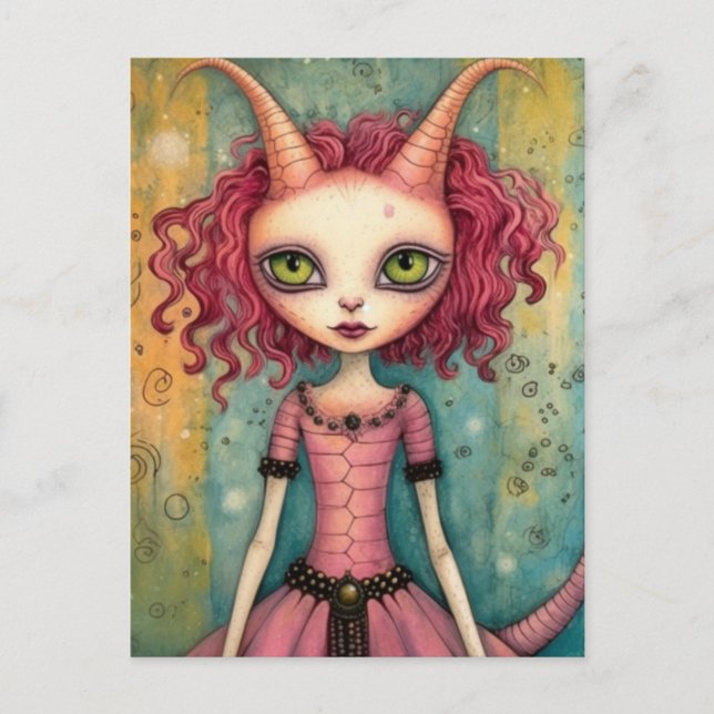 Fantasy Rosa Cat Alien Woman Mixed Media Vykort (Framsida)