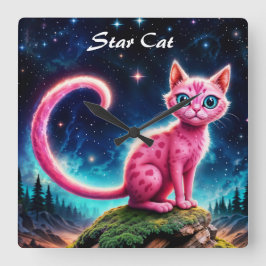 Fantasy rosa cat in magi stjärnnattskog fyrkantig klocka