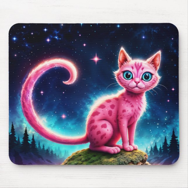 Fantasy rosa cat in magi stjärnnattskog musmatta (Framsidan)