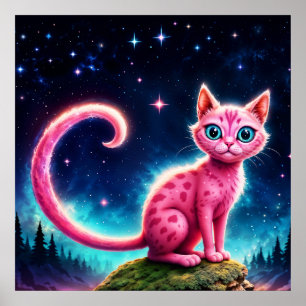 Fantasy rosa cat in magi stjärnnattskog poster
