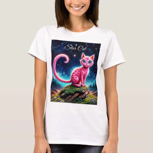 Fantasy rosa cat in magi stjärnnattskog t shirt (Framsida)