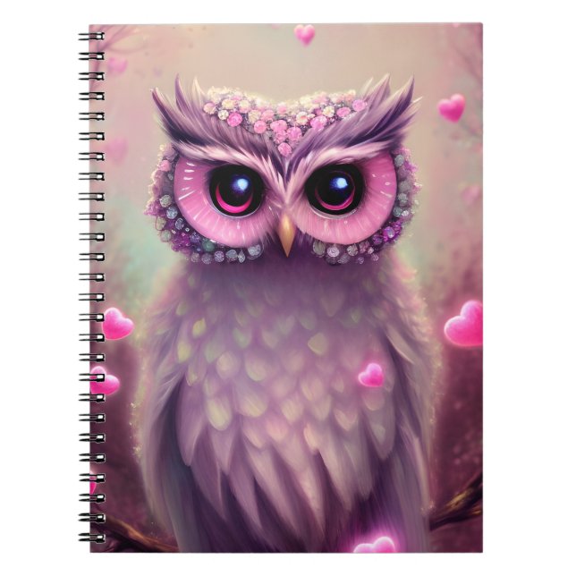 Fantasy Rosa Fluffy Kawaii Uggla Anteckningsbok (Framsidan)