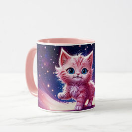 Fantasy rosa fluffy kitten bright blue ögon art mugg
