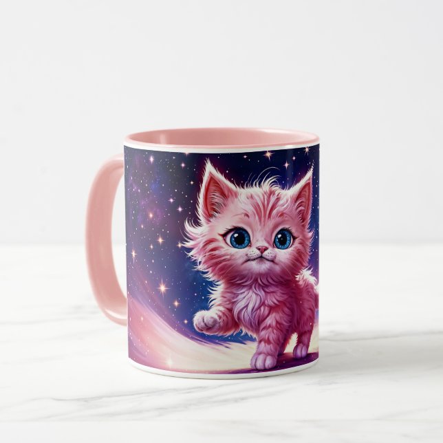 Fantasy rosa fluffy kitten bright blue ögon art mugg (Framsida vänster)