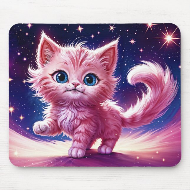 Fantasy rosa fluffy kitten bright blue ögon art musmatta (Framsidan)