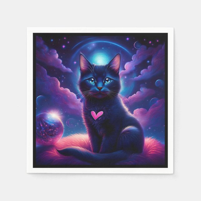 Fantasy scen svart kattunge vackra blå ögon pappersservett (Framsidan)