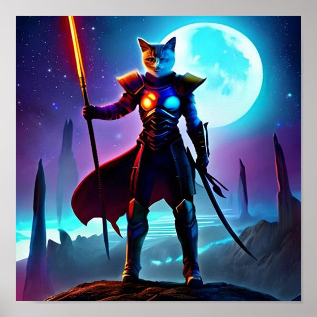 Fantasy Sci-fi Cat Warrior Digital Art Poster (Framsidan)