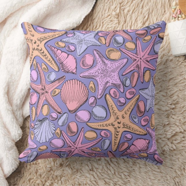 Fantasy Sea Pattern Pillow, Purple Coastal Decor Kudde (Filt)