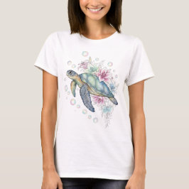 Fantasy Sea Turtle with Flowers and Pearlescent Bu T Shirt
