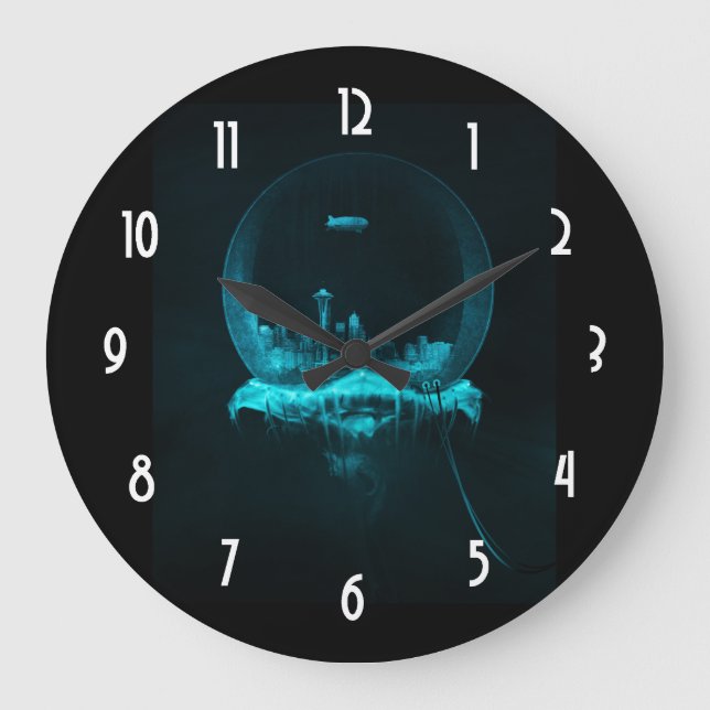 Fantasy Seattle City i Snowglobe med Blimp Stor Klocka (Framsida)