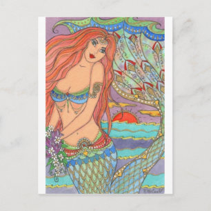 Fantasy Sjöjungfru Princess Art Sunset Flowers Vykort