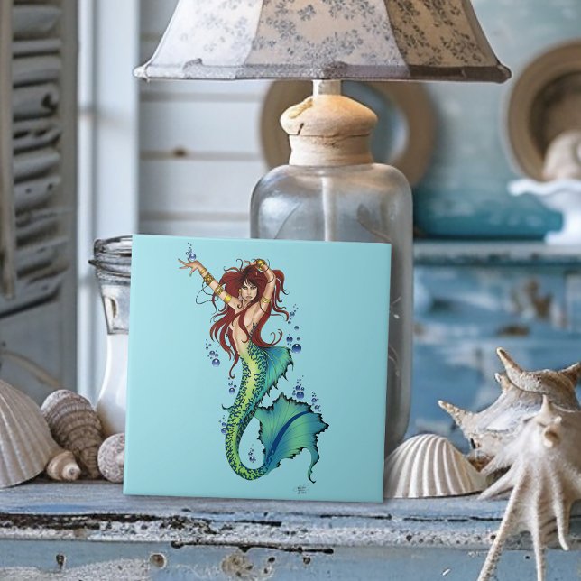 Fantasy Sjöjungfru Teal Svan Kakelplatta (Skapare uppladdad)