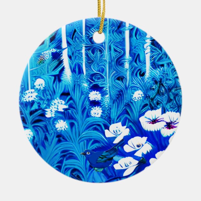 Fantasy skog med blommor och fåglar julgransprydnad keramik (Framsidan)