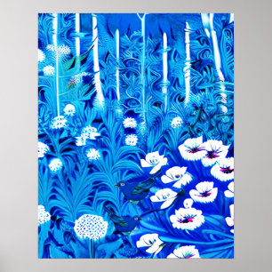 Fantasy skog med blommor och fåglar poster