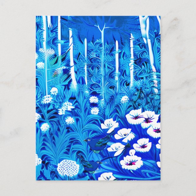 Fantasy skog med blommor och fåglar vykort (Framsida)