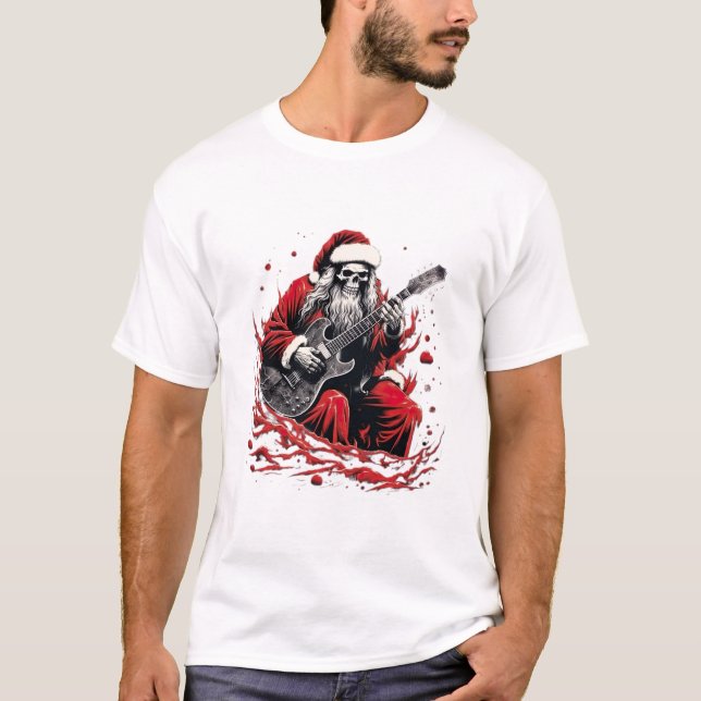Fantasy Skull Skeleton Santa som spelar en Guitar T Shirt (Framsida)