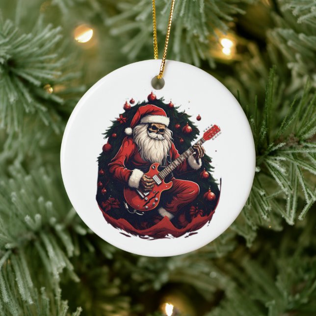 Fantasy Skull Skeleton Santa som spelar Guitar Julgransprydnad Keramik (Träd)