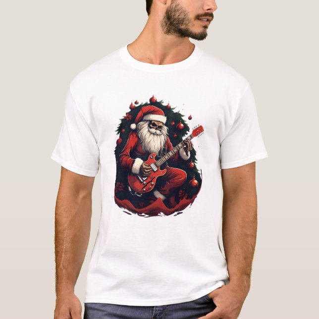 Fantasy Skull Skeleton Santa som spelar Guitar T Shirt (Framsida)
