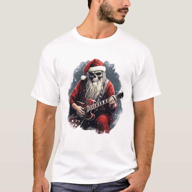 Fantasy Skull Skeleton Santa Spelar Guitar Night T Shirt (Framsida)