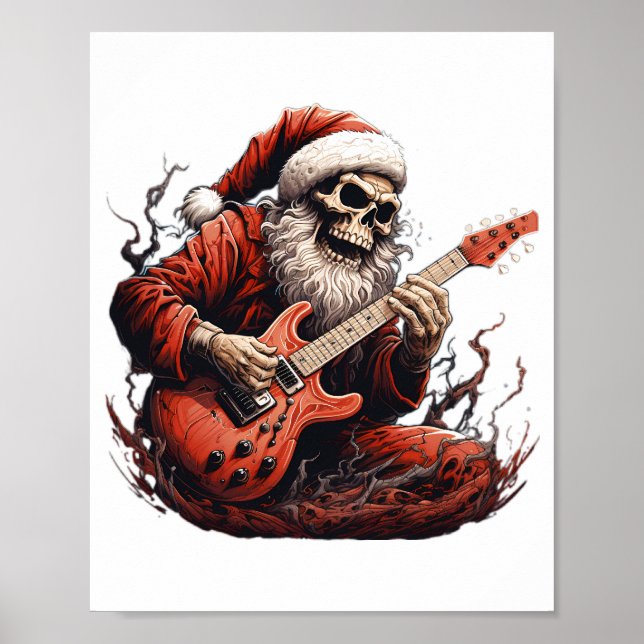 Fantasy Skull Skeleton Santa Spelar Guitar Skogen Poster (Framsidan)