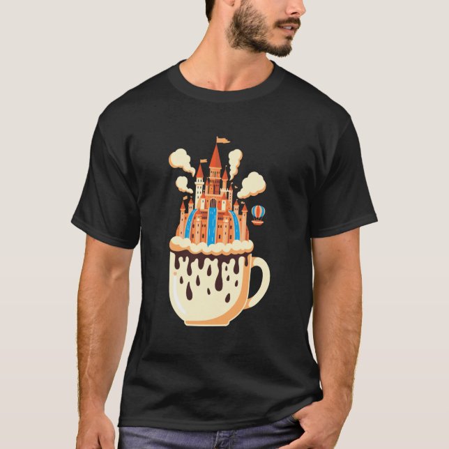 Fantasy slott kaffekopp vattenfall varmluftsballon t shirt (Framsida)