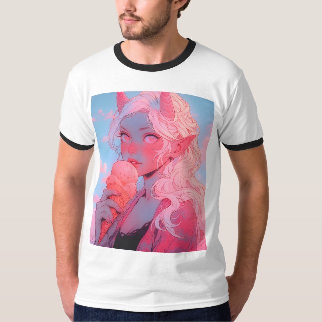 Fantasy Soft Rosa Ice Cream Anime Girl T Shirt (Framsida)