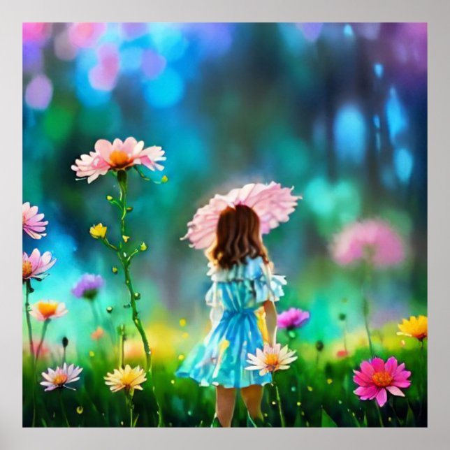 *~ Fantasy Söt AP56 Little Girl Giant Flower Poster (Framsidan)