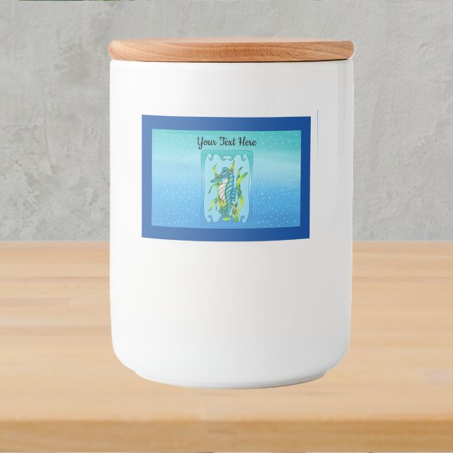 Fantasy Söt Aqua Blue Sea Dragon Sjögräs Bubble Mat Etiketter (Fantasy aqua blue sea dragon seaweed wavy frame water bubbles shades of blue border food jar label.)