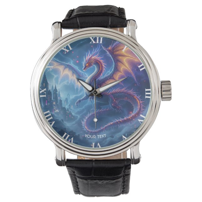 Fantasy Söt Blå Drak Stad Armbandsur (Framsida)