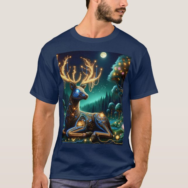 Fantasy Söt Cyberhjort Skog T Shirt (Framsida)