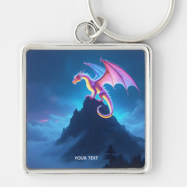 Fantasy Söt Dimsurad Drake Fyrkantig Silverfärgad Nyckelring (Framsidan)