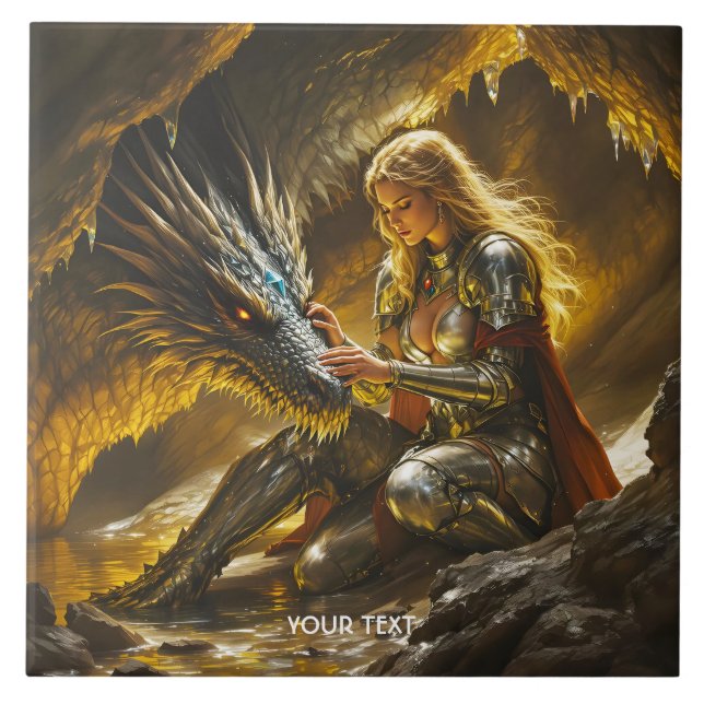 Fantasy Söt Drak Kvinna Krigare Kakelplatta (Framsidan)