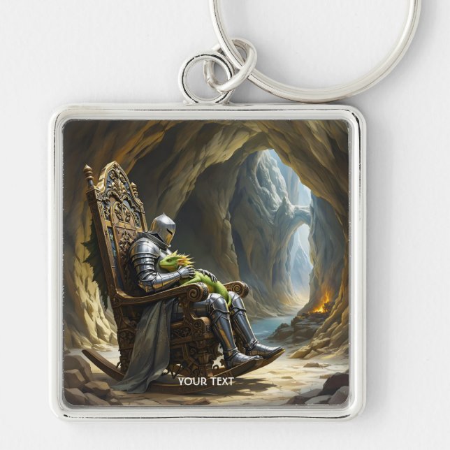Fantasy Söt  Grottdrake Riddare Fyrkantig Silverfärgad Nyckelring (Framsidan)