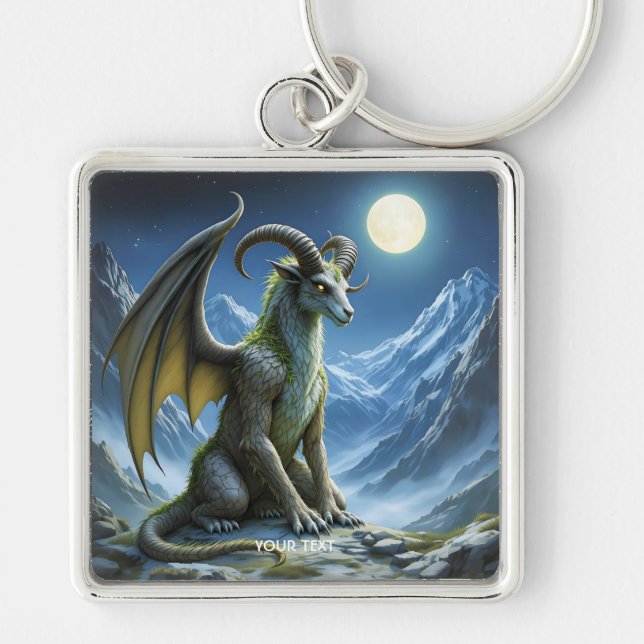 Fantasy Söt Myttisk Vädur Drak Fyrkantig Silverfärgad Nyckelring (Framsidan)